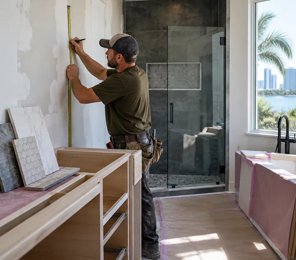 Contractor measuring a residential bathroom layout with tile samples and a notepad on the vanity during remodel planning