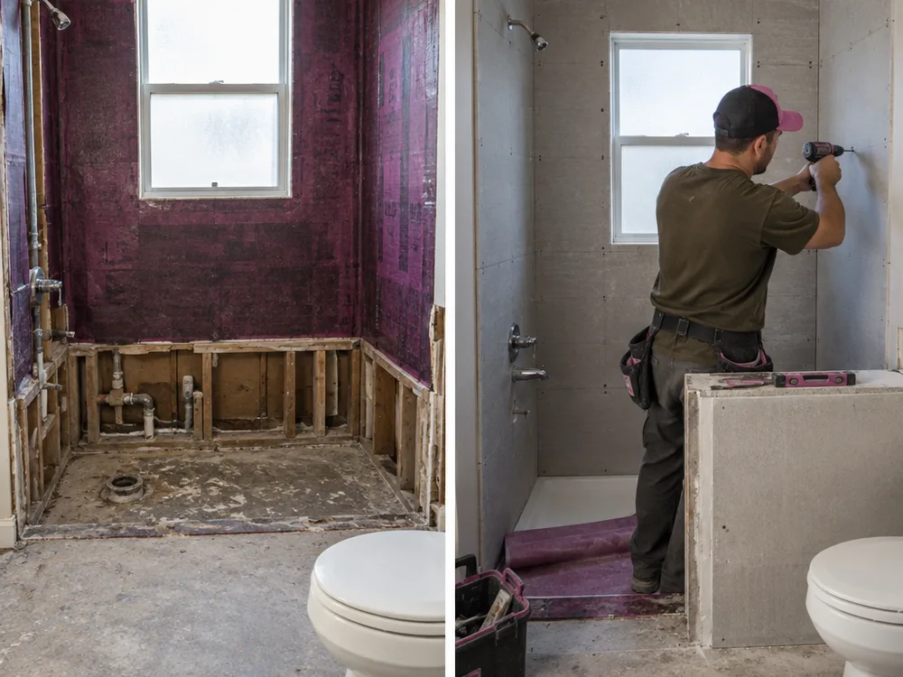 Shower wall preparation with backer board seams and waterproofing membrane around a niche and valve opening