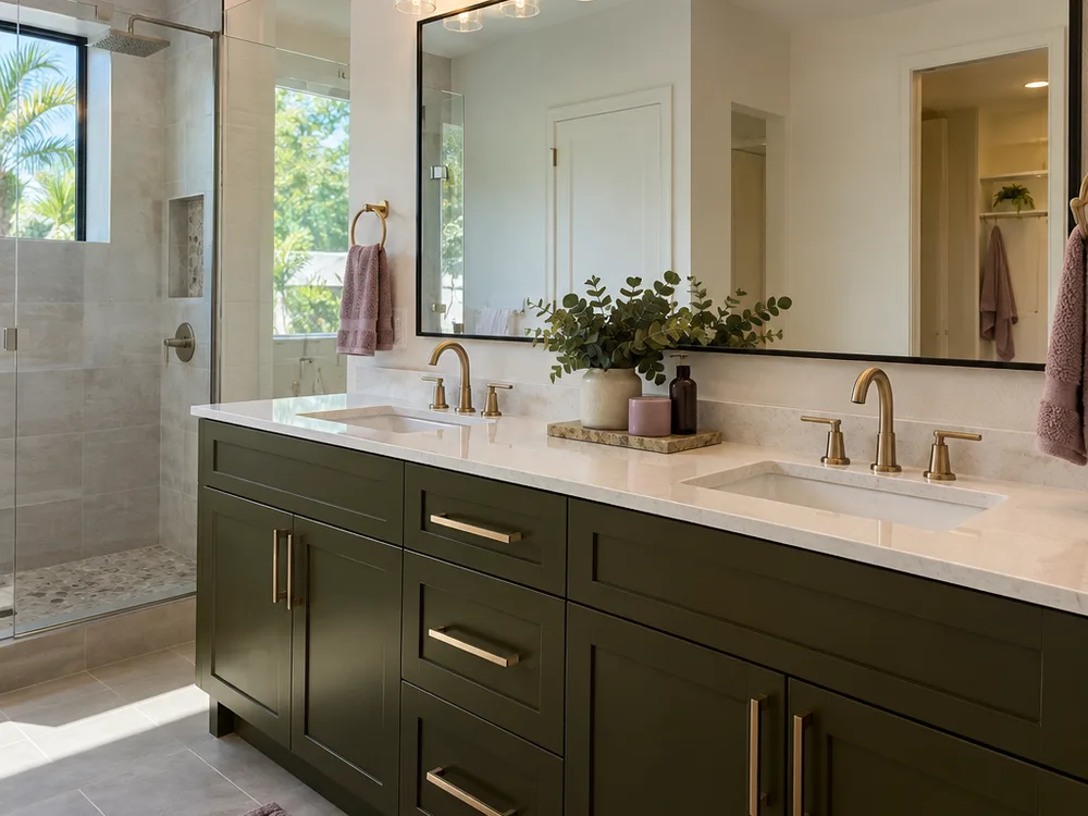 Updated small bathroom with space-saving vanity, mirrored cabinet storage, upgraded exhaust fan, and lighting