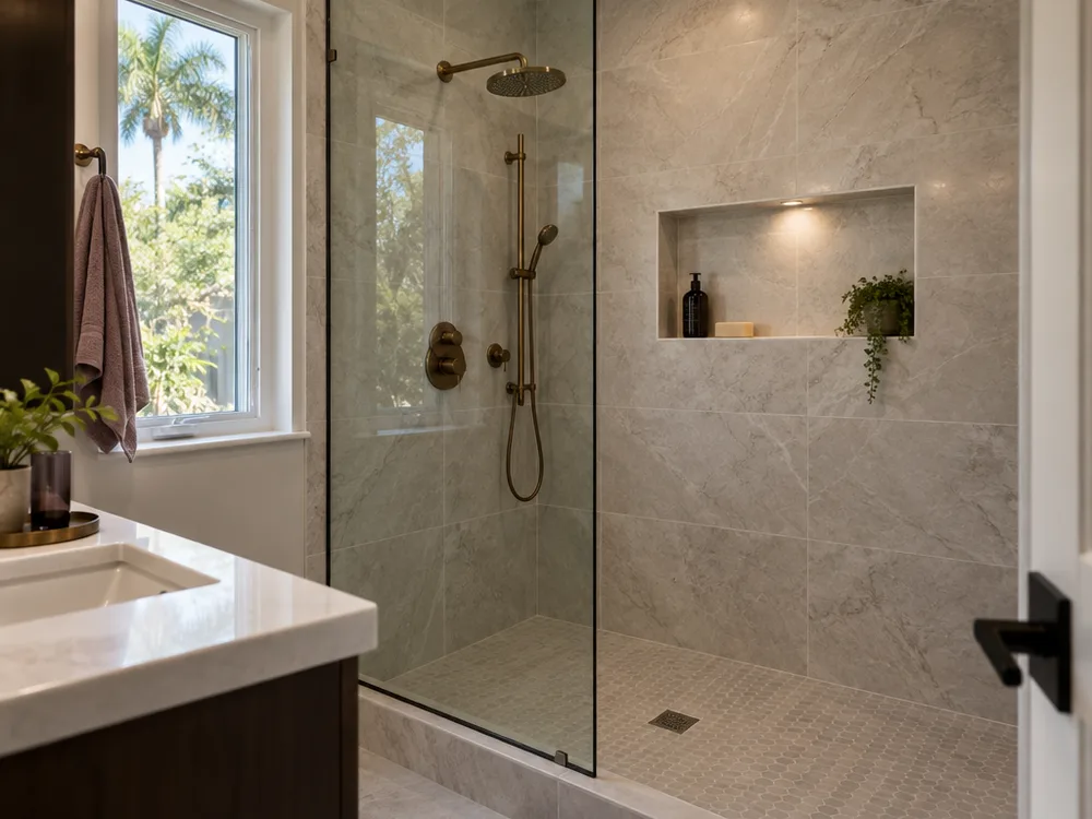 Finished bathroom with tiled walk-in shower, frameless glass, niche shelving, and floating vanity