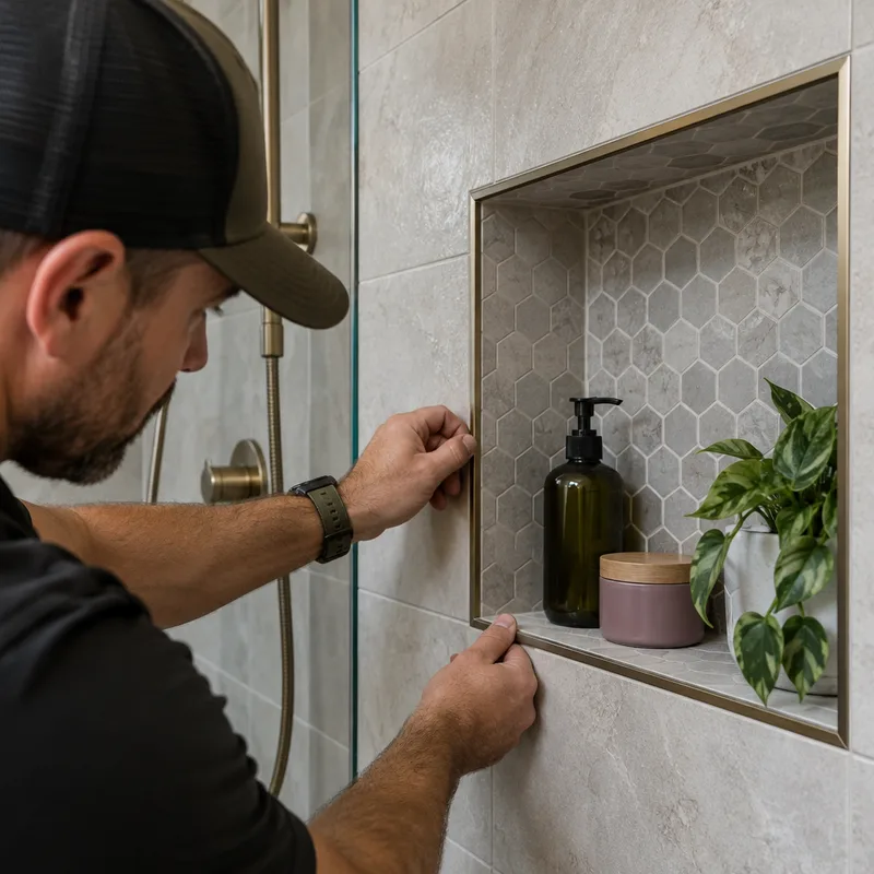 Close-up of a tiled shower niche with waterproofed corners and neatly finished trim