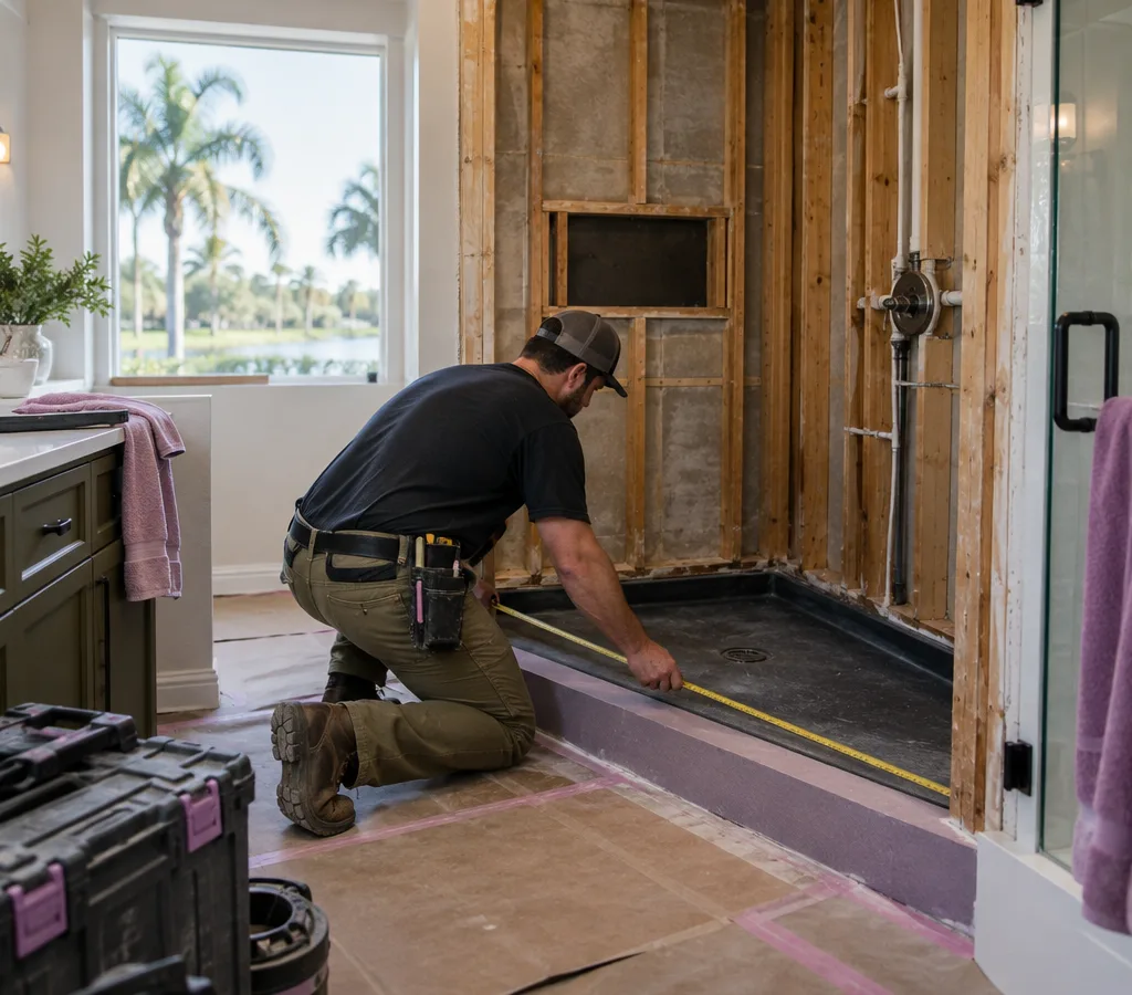 Modern walk-in shower mid-remodel in an Orlando home with protective floor covering, exposed wall studs, and measuring underway for a shower pan
