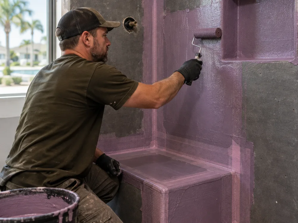 Contractor applying waterproofing membrane around a shower niche and bench with corner reinforcement visible