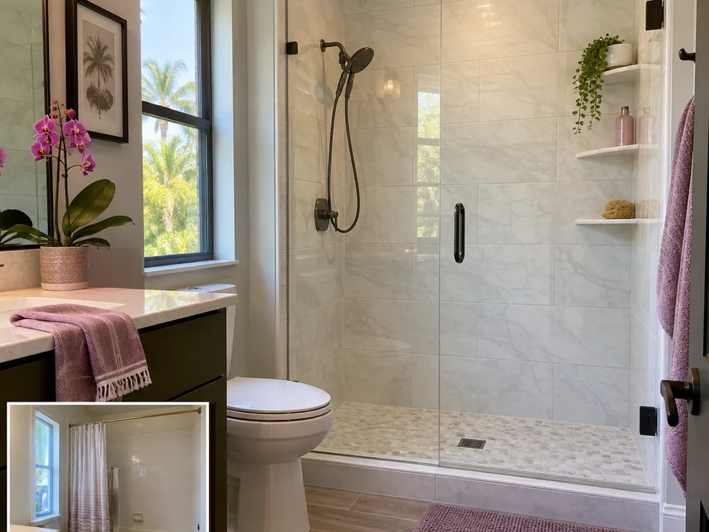 Finished tub-to-shower conversion with low-threshold entry, handheld shower, and built-in corner shelves