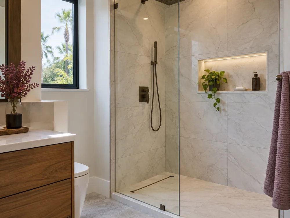 Finished walk-in shower with large-format porcelain tile, frameless glass panel, and linear drain